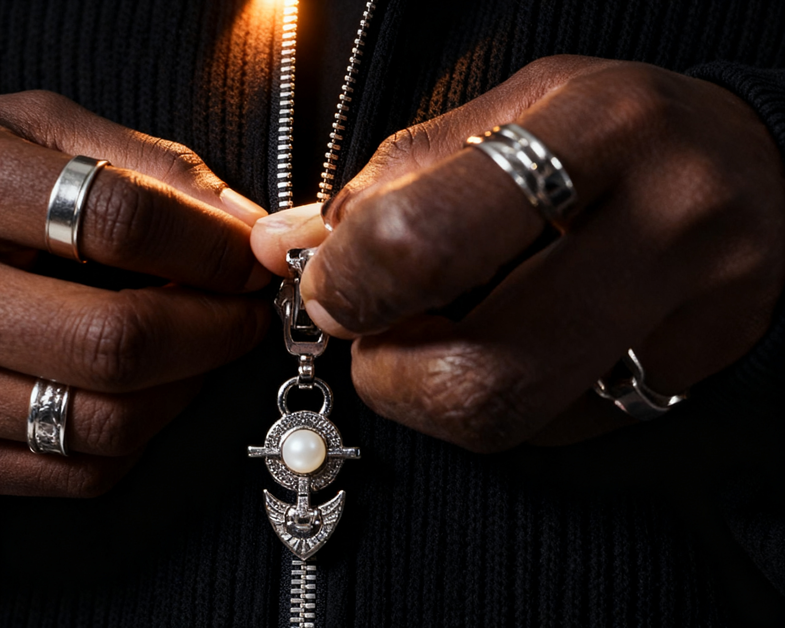 Sterling zipper pull with pearl, held in two hands